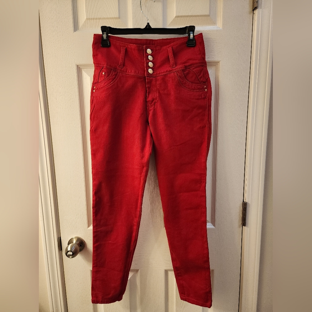 Red High-Waisted Button-Up Pants